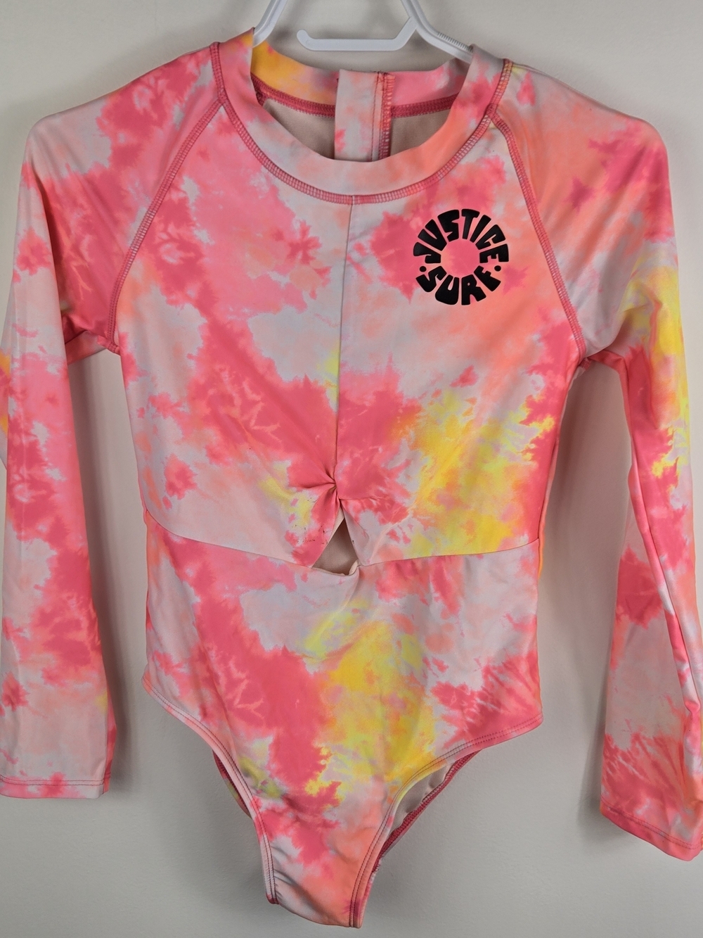 Justice Tie Dye Cut Out Long Sleeve Bodysuit Rashguard Barbiecore Swimsuit 12/14